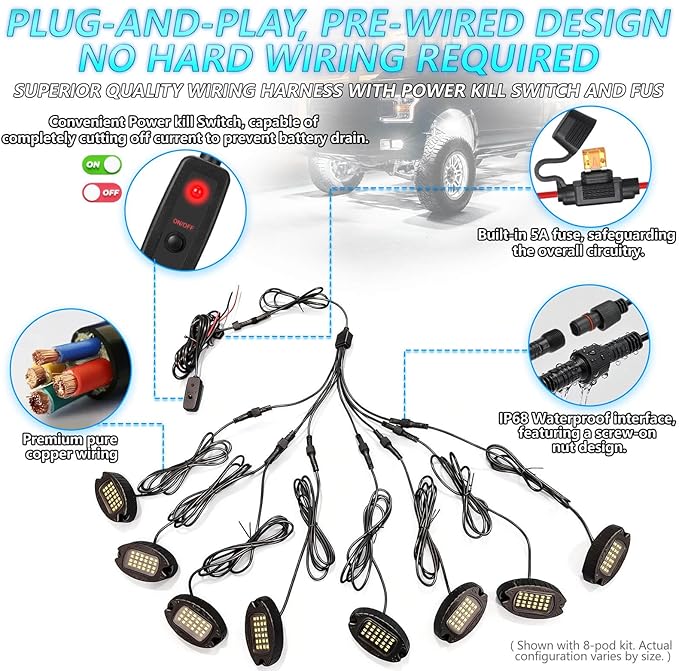 16Pods Metal Pure White LED Rock Lights Kit 6500K for Truck Pickup Offroad | Aluminum Housing, Plug-and-Play & Pre Wired, Switch Wiring Harness Extension Fuse, 384Chips Waterproof 12V, Pure Copper Wire