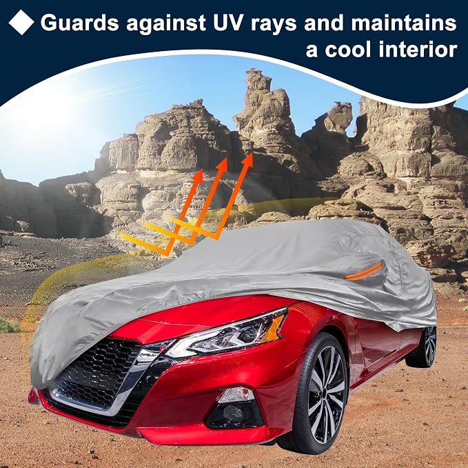 Silver Tone Heavy Duty Waterproof Car Cover for Sedan 201"-207" - All-Weather UV Protected Outdoor Full Exterior Cover with Sun/Snow/Rain Resistance