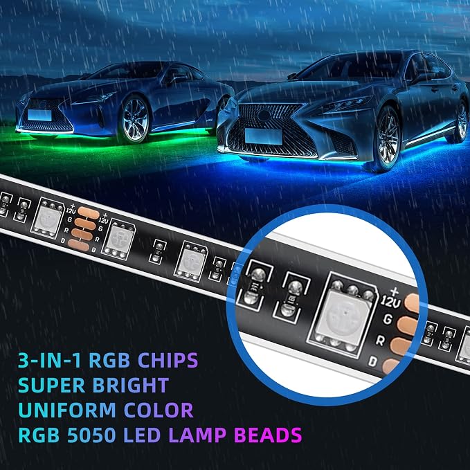 4 Pcs RGB Underglow LED Lights for Cars Truck SUV Golf Cart UTV ATV, 12V Waterproof Multicolor Underbody Neon Accent Strip Lights Kit with APP/RF Remote Control, Music Sync, Brake Lights