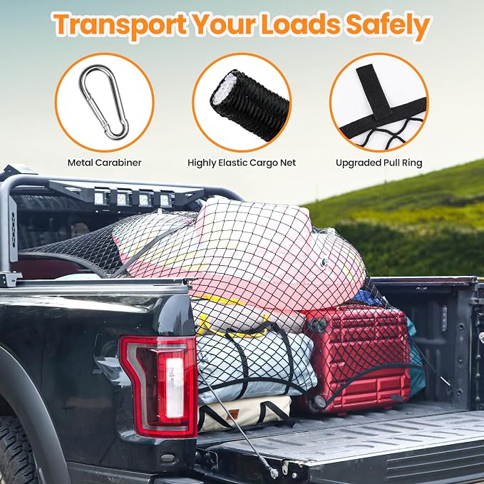 Truck Bed Net – Highly Elastic Cargo Net for Pickup Truck Beds, Stretchable Mesh Organizer Expands from 4'x4' to 7'x7', Suitable for Daily Light Loads on Truck, ATV, SUV, UTV & Boats (Single Layer)
