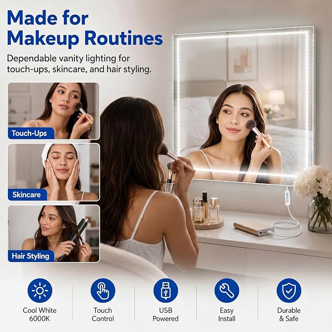 PANGTON VILLA Vanity Lights for Mirror, 13FT Dimmable 6000K LED Light Strip | Stick on Makeup LED Lighting, LED Vanity Lights Strips for Mirror for Bedroom Bathroom Vanity Table (Mirror Not Included)