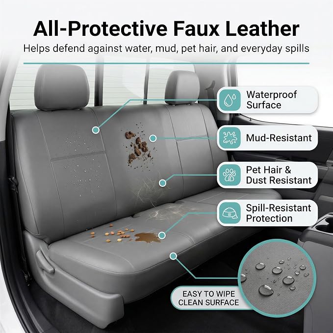 FH Group Car Seat Covers Classic PU Leather Split Bench Car Seat Cover – Universal Fit for Cars Trucks & SUVs (Solid Gray)