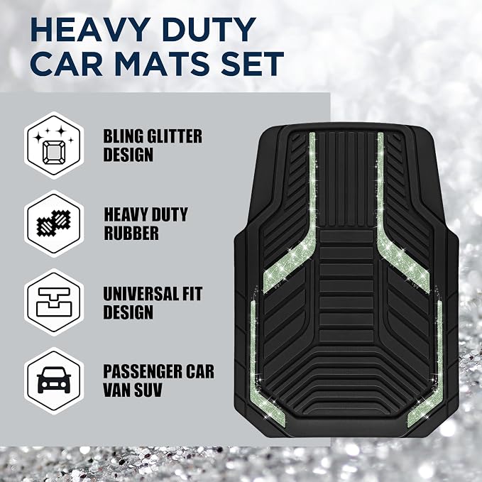 PIC AUTO Car Floor Mats, Green Sparkly Crystal Bling Glitter Car Mats Set, Front and Rear Heavy Duty Rubber Car Mats with Anti-Slip Backing, All Weather, Trim-to-Fit for Automotive SUVs, Sedan, Vans