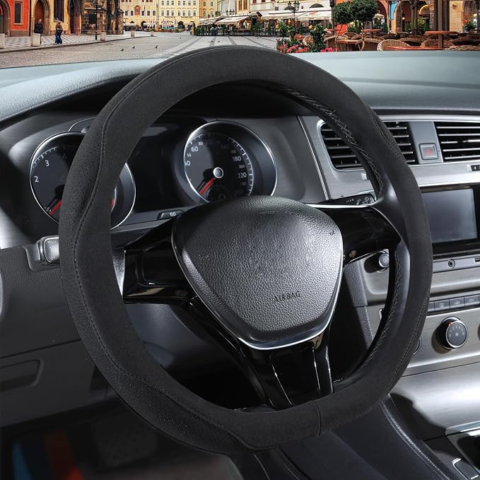 Black Suede D Shaped Steering Wheel Cover 14.5 inch to 15 inch | Warm in Winter and Cool in Summer, Universal Felt Car Accessories, Breathable Non-Slip Sweat-Proof Wear-Resistant
