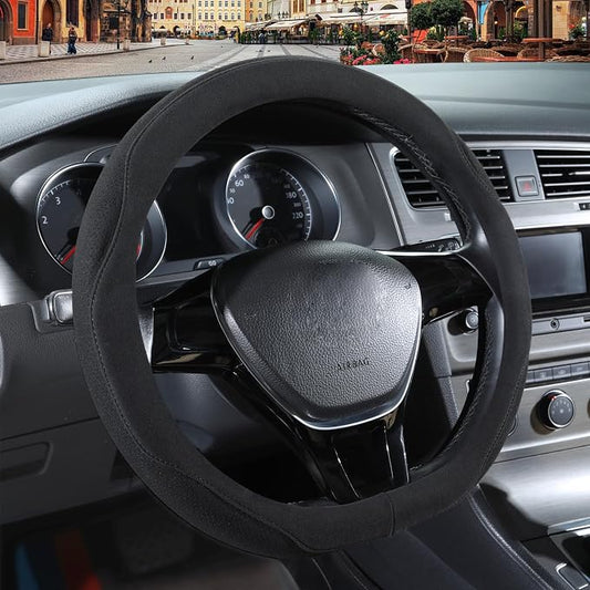Black Suede D Shaped Steering Wheel Cover 14.5 inch to 15 inch | Warm in Winter and Cool in Summer, Universal Felt Car Accessories, Breathable Non-Slip Sweat-Proof Wear-Resistant