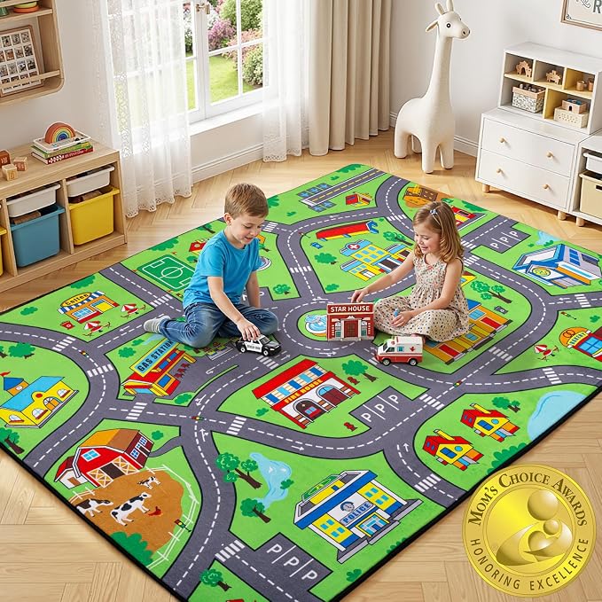 Kids Rug, 6x9 Ft City Road Play Rug for Kids | Extra Thick 0.4in Soft Non-Slip Car Carpet Play Rug with Realistic Roads for Toy Cars, Bedroom, Playroom & Nursery