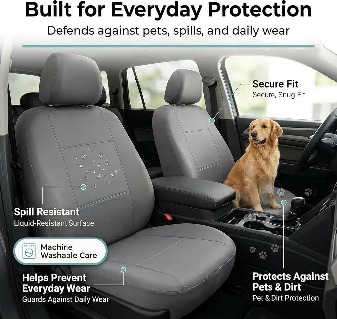 FH Group Car Seat Covers PU Leather Full Set Automotive Seat Covers Front Set and Rear Solid Bench Gray Seat Covers with Gift Universal Fit Interior Accessories for Cars Trucks and SUVs