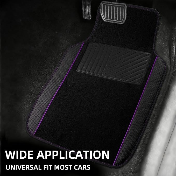 NBTEPEM Waterproof Universal Fit Car Floor Mats, Faux Leather Sporty Car Carpet Mats with Anti-Slip Nibbs Backing & Driver Heel Pad Fit for SUV, Vans, Sedans, Trucks, Set of 4 (Black with Purple line)