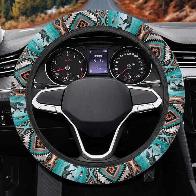 Wanyint Car Steering Wheel Cover for Women Men, Soft Neoprene Stretchy Anti-Slip 15 Inch Steering Wheel Protector Universal Auto Decor, Aztec Geometric Horse Turquoise