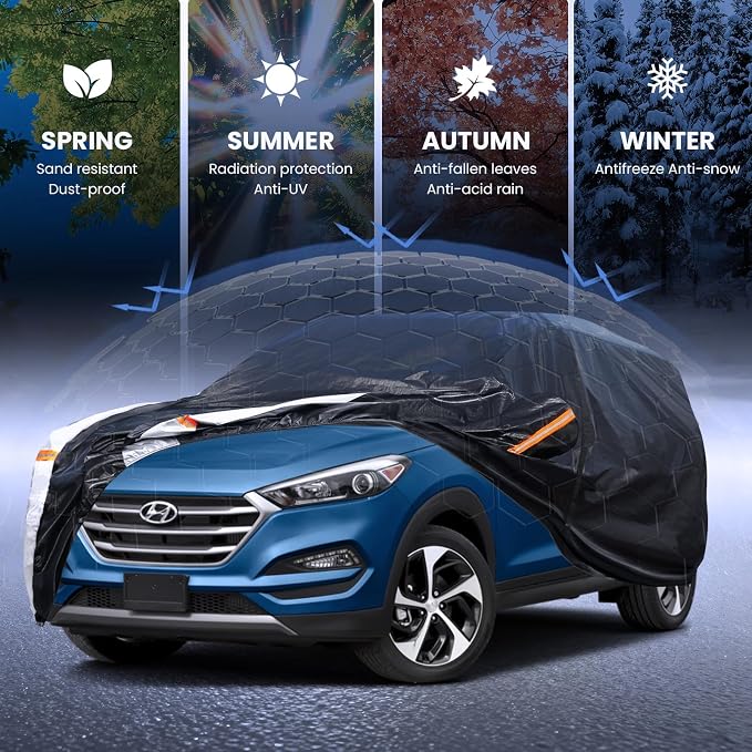 Multi-Layer Car Cover Custom Fit for Hyundai Tucson (ix35)(2015-2026), 100% Waterproof All Weather for Automobiles, Gift with Towel, Heavy Duty Car Covers for Rain Sun UV Protection with Door Zipper