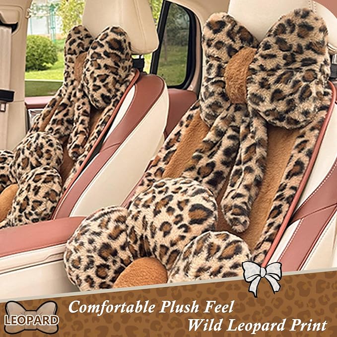 Car Neck Pillow Plush Bowknot Car Headrest Pillow Comfortable Neck Support for Driving Soft Touch Fabric Car Pillow Cute Interior Decor (Leopard-1Pcs)