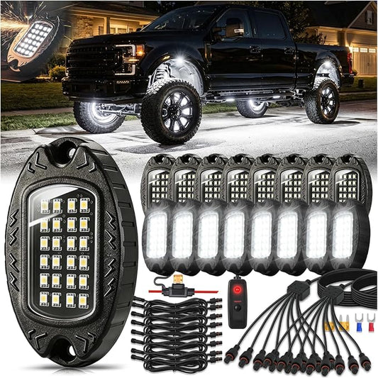 16Pods Metal Pure White LED Rock Lights Kit 6500K for Truck Pickup Offroad | Aluminum Housing, Plug-and-Play & Pre Wired, Switch Wiring Harness Extension Fuse, 384Chips Waterproof 12V, Pure Copper Wire