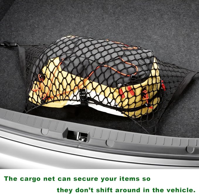 Car Rear Cargo Net, Adjustable Elastic Trunk Storage Net with Mounting Screws & Hooks, Envelope Style Mesh Organizer Cargo Netting for SUV Pickup Truck, Car Accessories (Small)