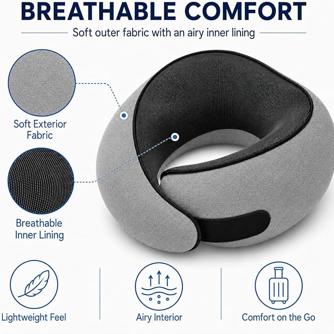 Travel Pillow for Airplane, Memory Foam Neck Pillow for Travel with Chin Support, Washable Cover & Storage Bag, Ergonomic 360° Neck Support for Long Flights, Car, Office, Home, Max Grey