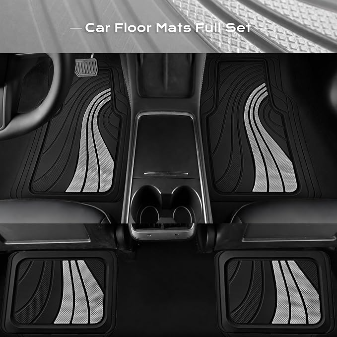 Road Comforts Car Floor Mats Full Set – Front & Rear Car Floor Mats with Aluminum Design, Anti-Slip Backing, All-Weather Protection, Trim-to-Fit Car Mats for Most Sedans, SUVs & Vans - Sliver
