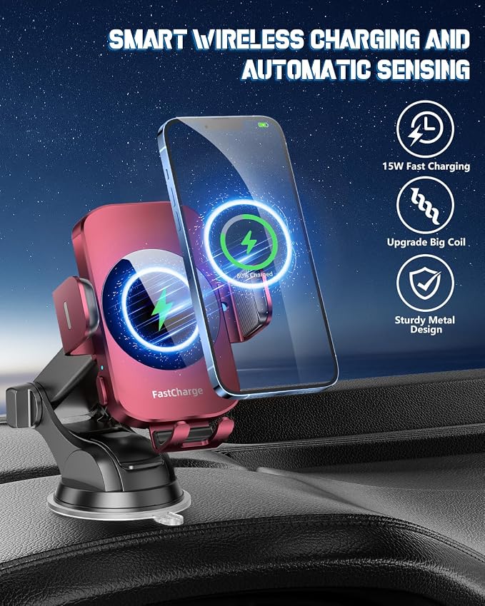 BothLin 3-in-1 Wireless Car Charger Mount, 15W Fast Charging Auto-Clamping Phone Holder for iPhone 17 16 15 14, Samsung Galaxy S24 S23, Dashboard, Vent & Windshield Car Mount(Deep Red)