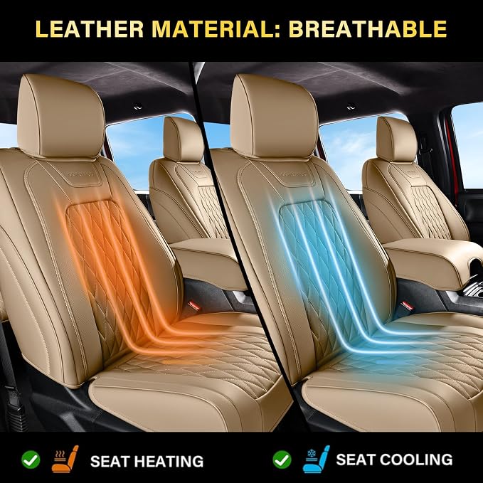 Coverado Premium Leather Truck Seat Covers Full Set – Custom Fit, Waterproof, Heavy Duty, Anti-Spill, Scratch Resistant Protector for Ford F150 2015-2026, F250-F450, Beige