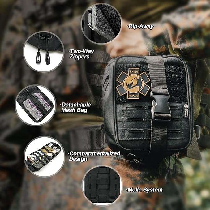 RHINO RESCUE IFAK Trauma Kit Pro with CAT Tourniquet (Camo) | TCCC Compliant, Combat-Proven, Tactical Molle Pouch, Professional First Aid Kit, Military Medical Kit, HSA/FSA Approved