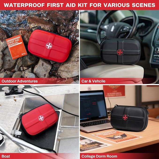 RHINO RESCUE EVA First Aid Kit, Small Waterproof Emergency Hiking First Aid Kit for Backpacking, Medical Kit for Travel, Home, Car, College Dorm Room, Camping, Boat, Back to School (Red)