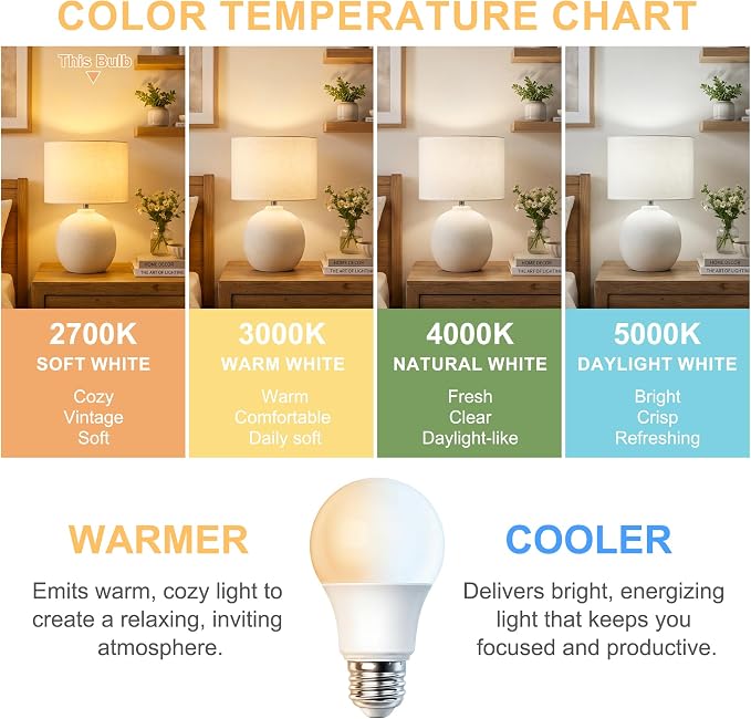 A19 LED Light Bulbs, 60W Equivalent, 2700K Soft Warm White LED Bulb with E26 Standard Base, Efficient 9W, Non-Dimmable, 800 Lumens, 120V, CRI 85, Eye-Friendly for Bedroom Living Room, 6 Pack