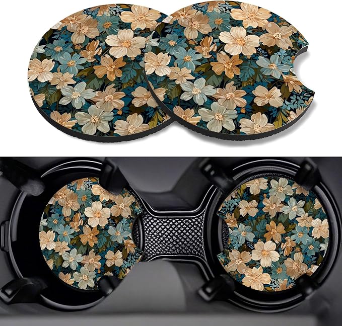 Car Cup Coasters,2 Pack Car Coaster,2.75inch Anti Slip and Absorbent Cars Coasters for Cup Holders,Neoprene Car Accessories for Women,Cute Decor for Women(White-Blue Flowers)