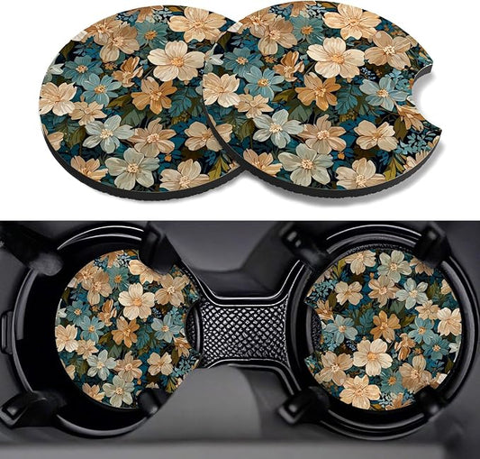 Car Cup Coasters,2 Pack Car Coaster,2.75inch Anti Slip and Absorbent Cars Coasters for Cup Holders,Neoprene Car Accessories for Women,Cute Decor for Women(White-Blue Flowers)