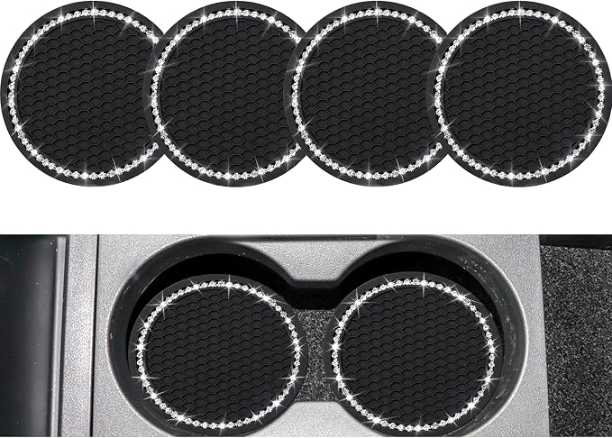 4PCS Bling Coasters, Crystal Car Cup Coaster, Rhinestone Universal Vehicle Anti Slip Coaster, Suitable for Most Car Interior, Black