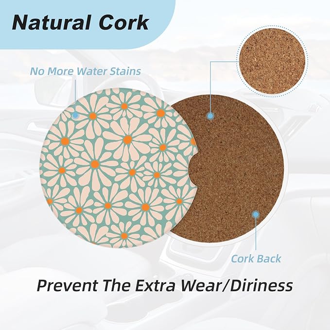Green Floral Car Coasters for Cup Holders,2 Pack Car Cup Holder Coasters for Car,Ceramic Absorbent Car Coaster with A Finger Notch and Cork Base,Car Interior Accessories for Women Men