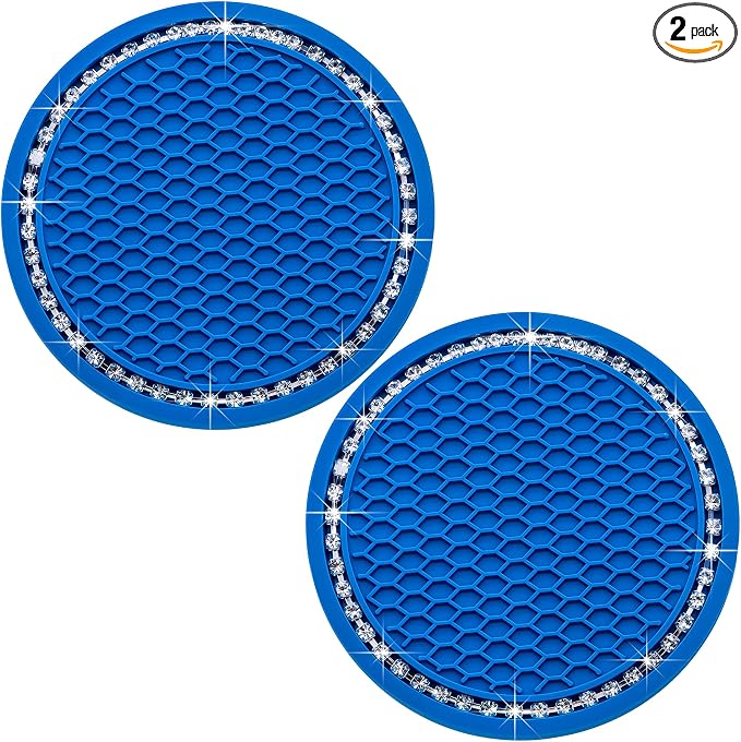 2PCS Bling Cup Holder Coaster, 2.75 Inch Auto Car Cup Holder Insert Coasters, Soft Silicone Anti-Slip Shockproof, Universal Vehicle Interior Accessories for Women Girls (Emerald Blue & White)