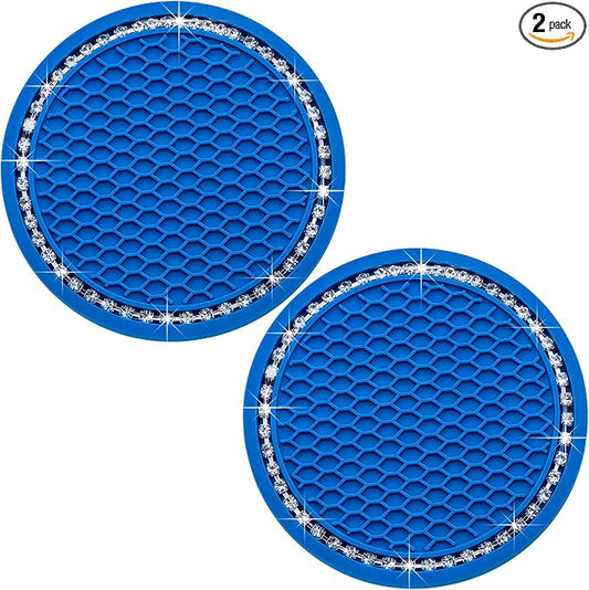 2PCS Bling Cup Holder Coaster, 2.75 Inch Auto Car Cup Holder Insert Coasters, Soft Silicone Anti-Slip Shockproof, Universal Vehicle Interior Accessories for Women Girls (Emerald Blue & White)