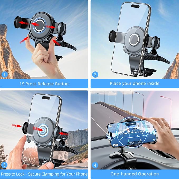 Upgraded Universal 360°Dashboard Phone Mount - Multi-Functional Visor/Rearview Rotating Car Holder for 4-7" Phones, One-Handed Operation Adjustable Clamp Holder (Black)