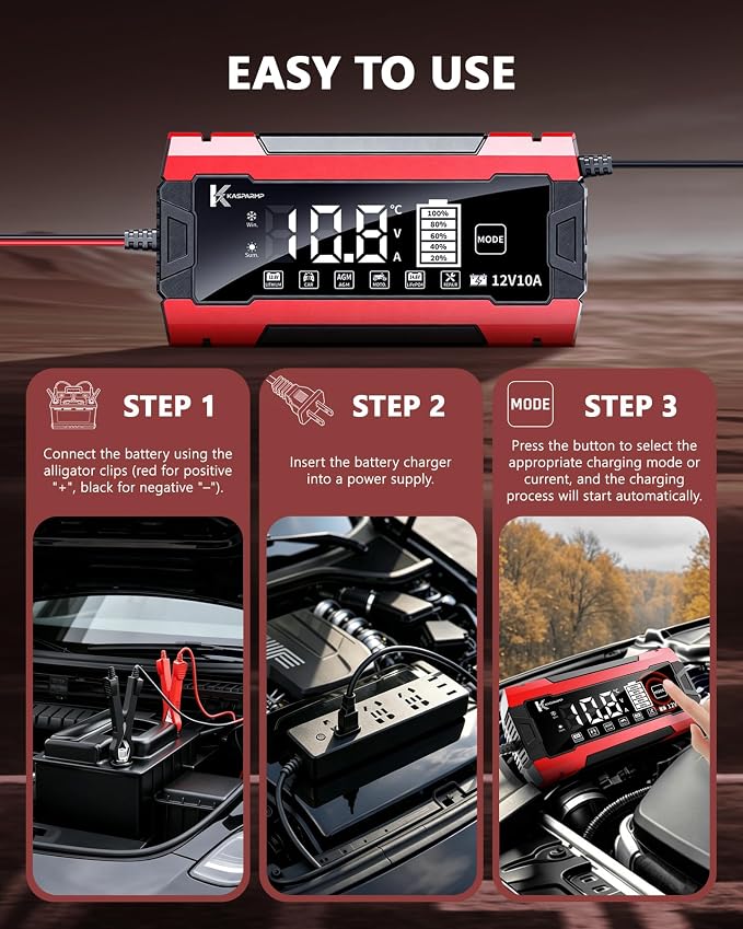 12V 10A Smart Battery Charger for Car and Motorcycle Battery Maintainer & Trickle Charger with Pulse Repair LCD Display Temperature Compensation for AGM Gel SLA Deep Cycle Lead Acid Batteries
