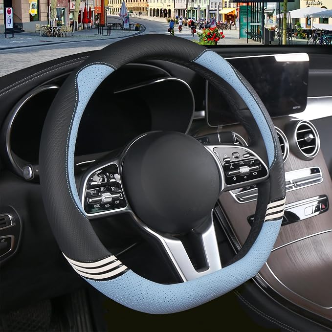 15 inch Cute Leather D Shape Steering Wheel Cover Black Blue | Breathable Faux Leather and Carbon Fiber Flat Bottom Car Accessories for Women Men Universal 14.5 inch to 15 inch