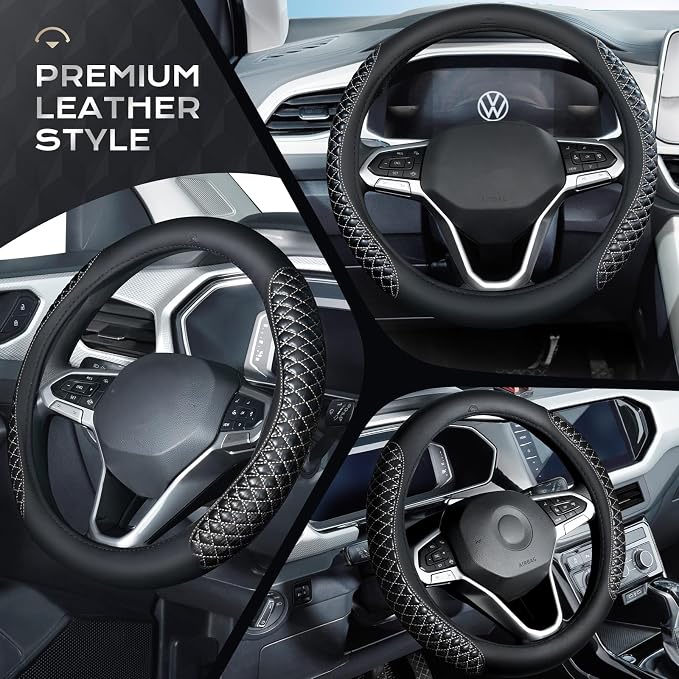 Coverado Car Steering Wheel Cover, Nappa Leather Black & Grayline Steering Wheel Covers, Universal 14-15 inch, Anti-Slip, Breathable Steering Wheel Protector for Women Men
