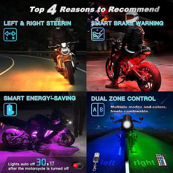 16PCS Double Row Motorcycle RGB LED Light Kits with Brake Turn Signal, Super bright Underglow Light with APP/RF Remote Dual Zone, Neon Accent Waterproof 12V for Cruiser Touring&Can-Am Ryker Motorcycle
