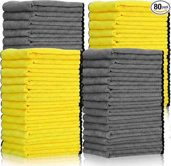 Tallew 80 Pcs Microfiber Towels:16"x16" Microfiber Drying Towels Bulk Micro Fiber Car Cleaning Cloth for Cars Drying Washing Polishing Office Windows Cleaning Household Supplies (Gray,Yellow)