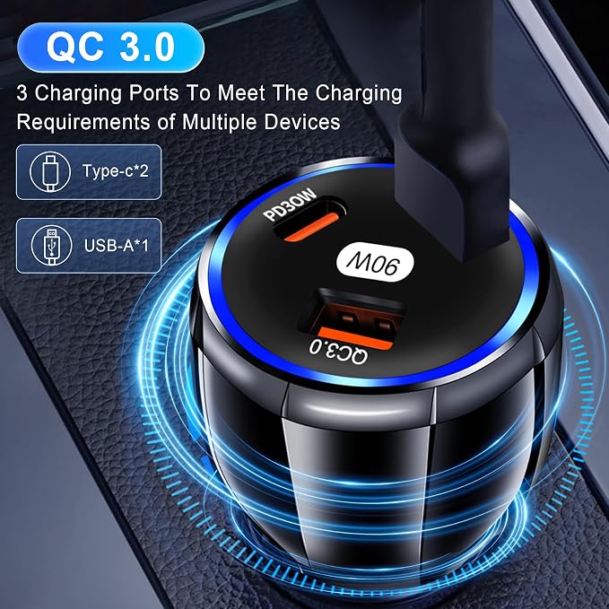 Amiss Car Charger Adapter, 3 Port USB-C & USB-A 90W Fast Charger, Car Interior Accessories, Cigarette Lighter Fit for iPhone 17/16/15/14Pro Max, Samsung Galaxy S25 / S24 iPad, Pixel, Android-Black 2pc