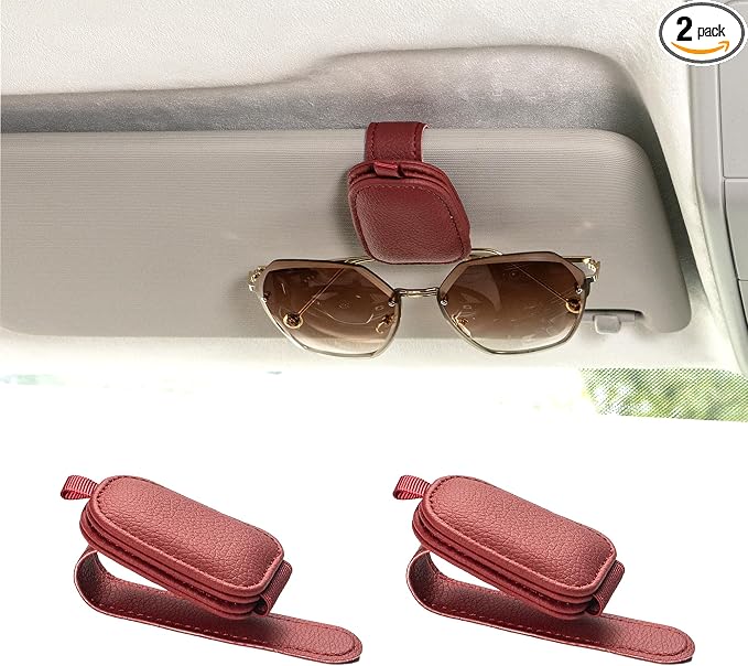 Yuoyar Magnetic Leather Sunglasses Holder for Car, 2 Packs (Red) | Magnetic Car Visor Accessories