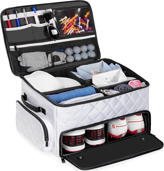 PGmoon 2 Layer Golf Trunk Organizer, Golf Car Storage Organizer,White | Individual Ventilated Compartment for 2 Pairs Shoes, Golf Car Locker for Balls, Clothes, Tees, Gloves, Accessories (Black)