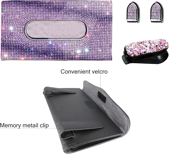 Car Visor Tissue Box Holder, Bling Crystals PU Leather Napkin Holder, Glitter Car Visor Accessories with Sparkly Mask Hook Clip for Women, Gift for Christmas Thanksgiving (Purple 4 pcs)