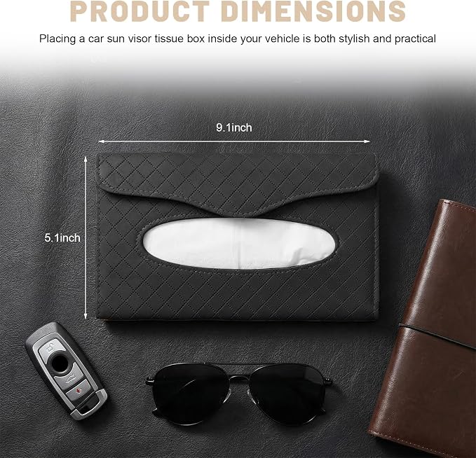 Car Tissue Holder, Auto Sun Visor Napkin Holder Hanging Paper Towel Dispenser with Tissue Refill, Easy Access Leather Paper Towel Storage Case for Most Vehicle Visors (Black)