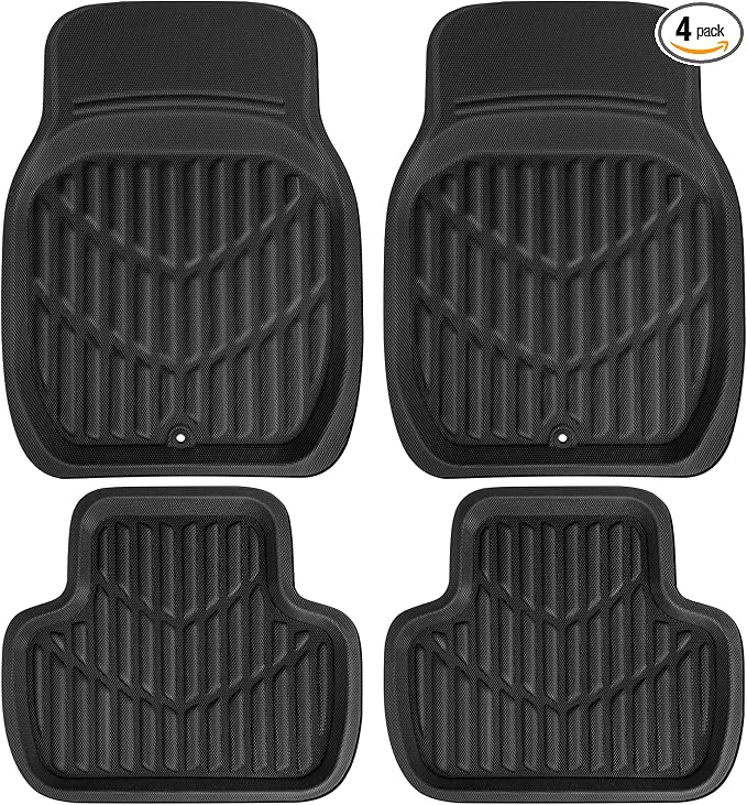 CAR PASS PVC Deep Dish Car Mats Full Set, Waterproof All Weather Luxury Faux Leather Car Floor Mats 4 Piece, Anti-Slip Universal Fit for Sedans Suvs Vans MiniTrucks,Durable & Easy Clean, All Black