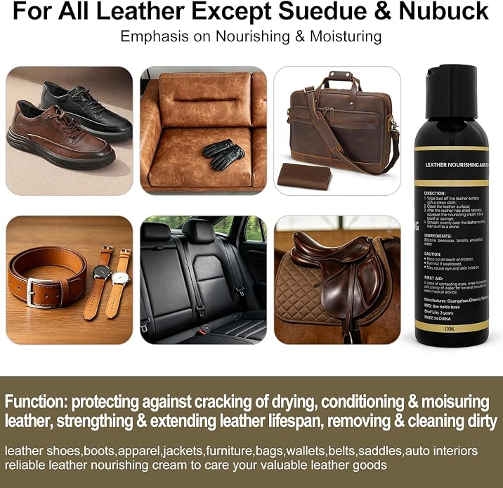 Masa Kawa Leather Care Conditioner Nourishing Cream, 4.06oz | Leather Moisturizer Rejuvenator Polish Cleaner, Protection Balm for Leather Bags,Car Seats, Boots, Jacket, Furniture
