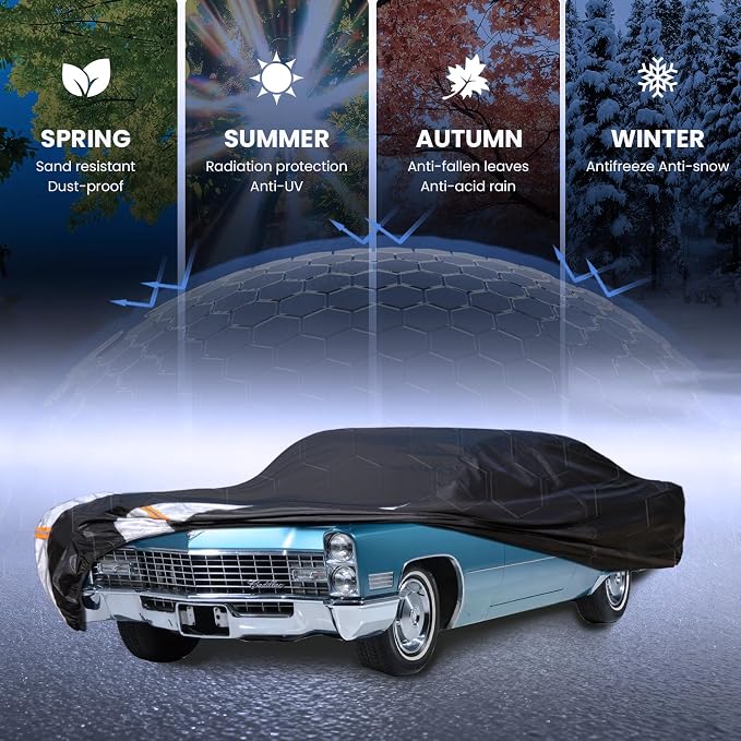 Multi-Layer Sedan Car Cover Custom Fit for Cadillac DeVille(1960-1980), 100% Waterproof All Weather for Automobiles, Gift with Towel, Heavy Duty Car Covers for Rain Sun UV Protection with Door Zipper.