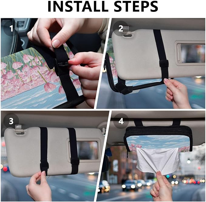 Car Visor Tissue Holder Mask Holder for Car, Car Tissue Box Sun Visor Napkin Holder Car Visor Accessories Adjustable Straps Reusable Durable Easy to Install Pink Tulip Field and Blue Sky