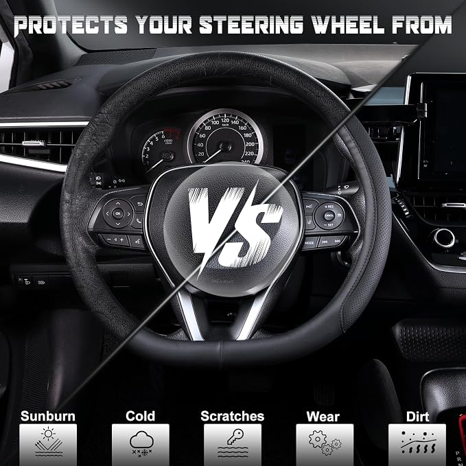 SEG Direct D Shaped Steering Wheel Cover for 14.5-15 inch Flat Bottom Wheels, Breathable Perforated Microfiber Leather, Anti-Slip Grip, Universal Fit for Cars & SUVs, Black