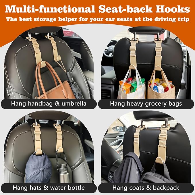 Amooca Car Headrest Hooks 4 Pack Adjustable Universal Fit Auto Seat Back Organizer Storage Hanger Purse Bags Holder with Clip Beige