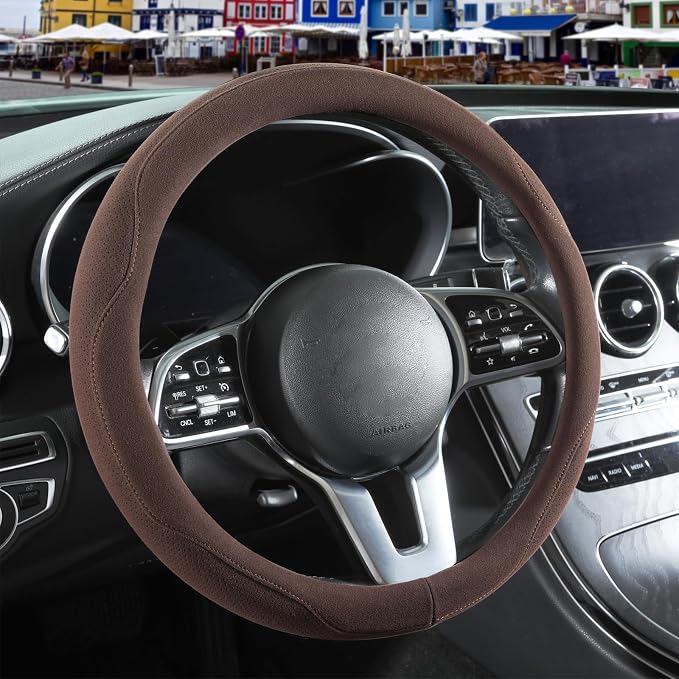 Brown Suede Steering Wheel Cover Large 15.5 inch to 16 inch | Warm in Winter and Cool in Summer, Breathable Non-Slip Sweat-Proof Wear-Resistant for Model X Model S Ford F150 F250 F350