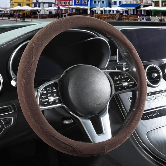 Brown Suede Steering Wheel Cover Large 15.5 inch to 16 inch | Warm in Winter and Cool in Summer, Breathable Non-Slip Sweat-Proof Wear-Resistant for Model X Model S Ford F150 F250 F350