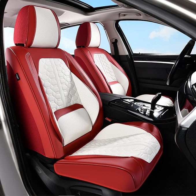 Huidasource Seat Covers for Cars, Leather Car Seat Covers Front and Rear Seat Full Set, Automotive Car Seat Cushion Covers Protector 5 Seats Fit for Most Cars SUV Trucks, Red & White